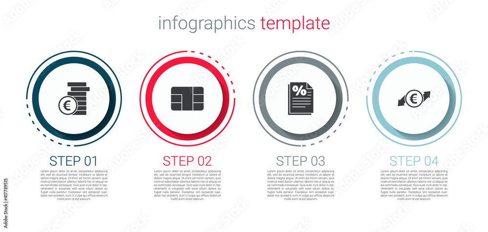 Set Coin money with euro symbol, Credit card chip, Finance document and Financial growth and coin. Business infographic template. Vector. Set Coin money with euro symbol, Credit card chip, Finance document and Financial growth and coin. Business infographic template. Vector.