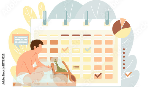 Man sitting near calendar with signs. Guy next to schedule is resting in sauna. Male character in hot steam. Person looks at bath accessories and broom. Time tracking and time management concept