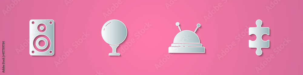 Set paper cut Stereo speaker, Golf ball on tee, Needle bed and needles and Piece of puzzle icon. Paper art style. Vector. Set paper cut Stereo speaker, Golf ball on tee, Needle bed and needles and Piece of puzzle icon. Paper art style. Vector.