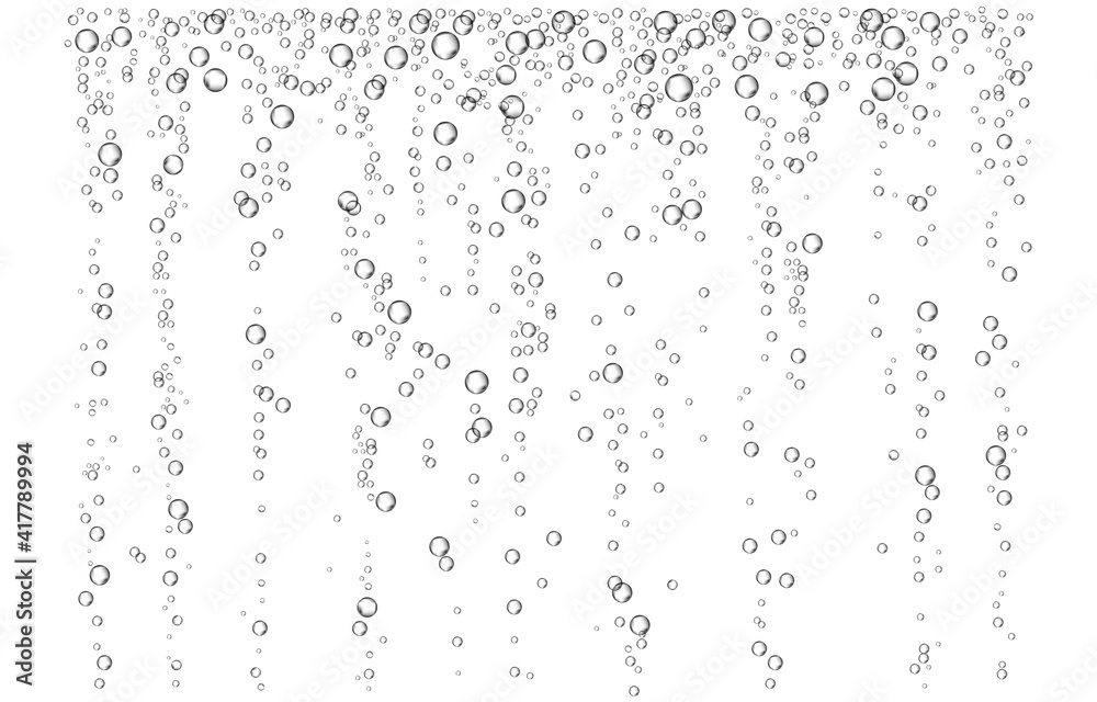 Oxygen air bubbles flow in water on white background. Oxygen air bubbles flow in water on white background.