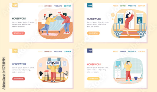 Housework landing page template with people do household chores in their apartment set of four scenes. Stay at tidy home. Family members together activity for hygiene and disinfection, clean house