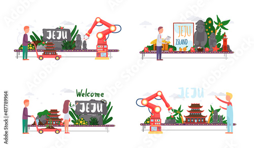 Jeju island in asia in south korea scenes set. Dol hareubang and Hallasan mountain stone figures attraction, famous tourist site. Industrial equipment arm manipulator moves stone sculptures to museum