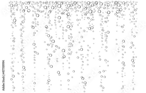 Oxygen air bubbles flow in water on white background.