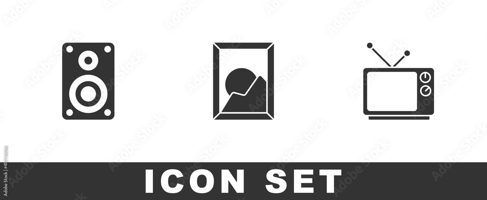 Set Stereo speaker, Picture landscape and Retro tv icon. Vector. Set Stereo speaker, Picture landscape and Retro tv icon. Vector.