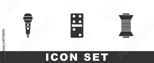 Set Microphone  Domino and Sewing thread spool icon. Vector.