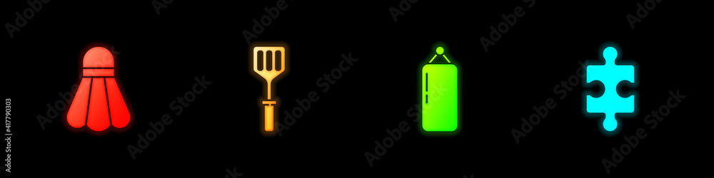 Set Badminton shuttlecock, Spatula, Punching bag and Piece of puzzle icon. Vector. Set Badminton shuttlecock, Spatula, Punching bag and Piece of puzzle icon. Vector.