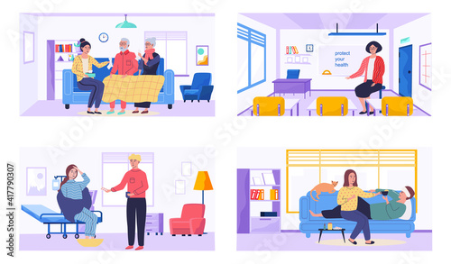 Set of illustrations about healthcare and treatment. People take medication and help relatives. Characterss take antiviral and apply disease control methods. Patients suffer from illness at home