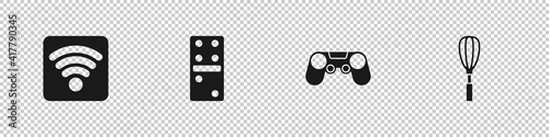 Set Wi-Fi wireless internet network, Domino, Gamepad and Kitchen whisk icon. Vector.