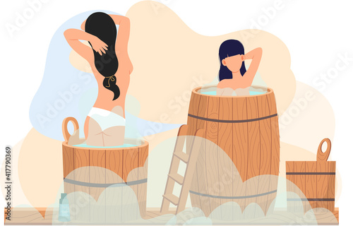 Young women standing in tubs. Bathhouse or banya interior design. Sexy girls in barrels are resting in sauna. Female characters in hot steam are cleaning skin and body together vector illustration