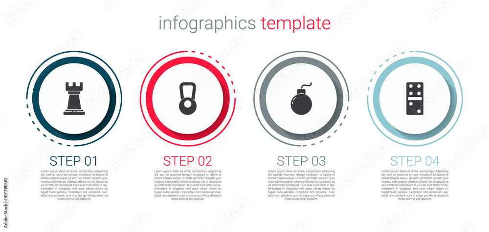 Set Business strategy, Kettlebell, Bomb ready to explode and Domino. Business infographic template. Vector.