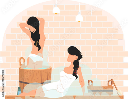 Woman standing in wooden tub and talking to her friend. Bathhouse interior design. People are resting in sauna. Female characters in sauna with hot steam cleaning, bathing and spending time together