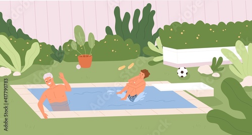 Happy family having fun in backyard swimming pool on summer holidays. Father and kid spending time in water together in house yard. Summertime outdoor leisure. Colored flat vector illustration