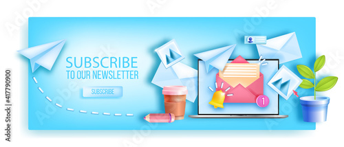 Subscribe to monthly email newsletter web page background, laptop screen, workplace, paper airplane. Business mail marketing banner, files, envelopes, notification bell. Subscribe newsletter concept