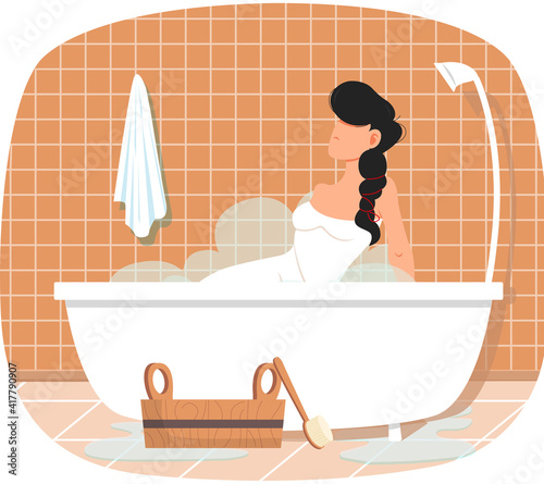 Lady sitting in bathtub with hot water. Trendy bathroom interior design. Girl is taking bath. Cleansing skin and hair concept. Female character relaxing in home sauna with steam and bath accessories
