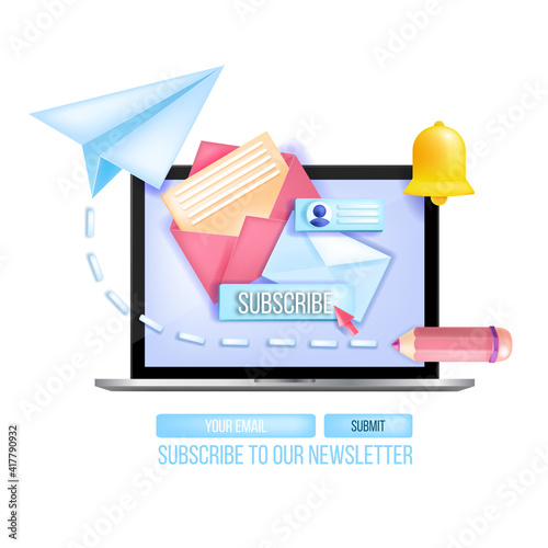 Subscribe to email newsletter vector 3D concept, laptop, paper airplane, notification bell icon. Mail internet marketing web template, open envelope, screen, button. Subscribe business newsletter