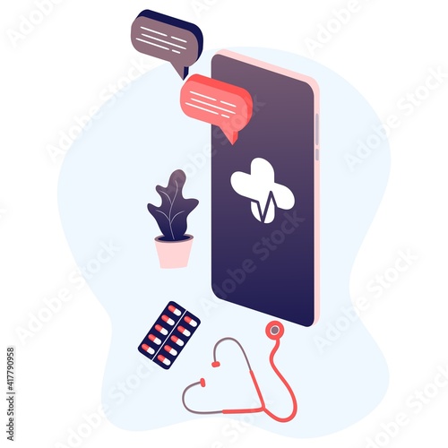 Online tele medicine flat illustration concept. Medical consultation and treatment via application of smartphone connected internet clinic. Online ask doctor consultation technology in mobile vector.