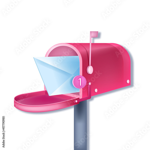 Vector pink traditional mailbox email notification, new letter concept isolated on white, closed envelope. Post delivery 3D illustration, alert, number one. Message notification in internet mailbox