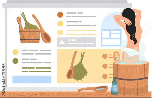 Naked girl stands in barrel and bathes. Woman in tub against background of poster with sauna accessories, broom for banya and text. Female character in hot steam. Person cleans skin in bathhouse