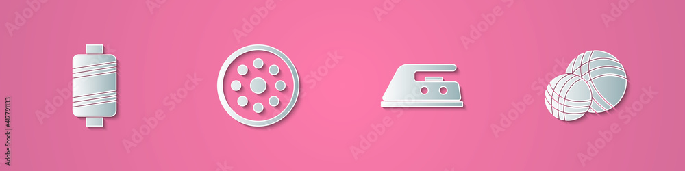 Set paper cut Sewing thread, button, Electric iron and Yarn ball icon. Paper art style. Vector. Set paper cut Sewing thread, button, Electric iron and Yarn ball icon. Paper art style. Vector.