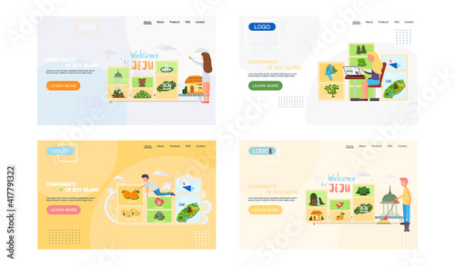 Welcome to Jeju island in South Korea, traditional landmarks, symbols, popular place for visiting tourists, jeju green tropical island travel concept. Korean land with traditional attractions