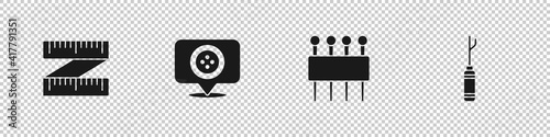 Set Tape measure, Location tailor shop, Needle for sewing and Awl tool icon. Vector.