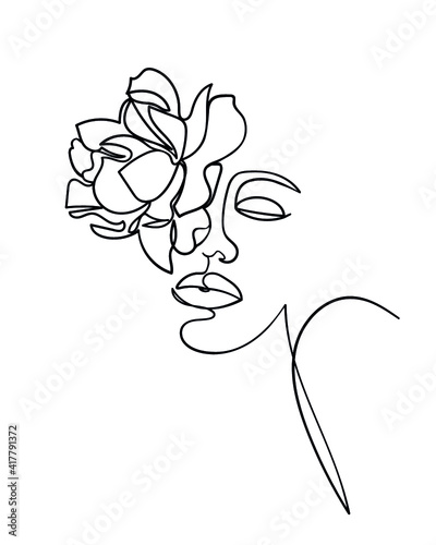 Beauty face with flower rose line drawing art. Abstract minimal portrait continuous line. - Vector illustration