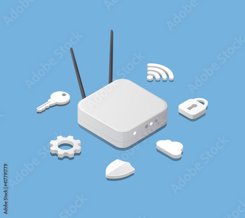 Isometric Router Device. Wireless home internet. Setting and protection. Vector illustration.