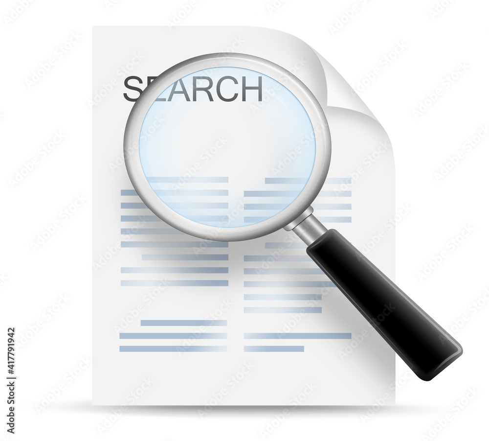 Magnify glass hoovering above an office document Magnify glass hoovering above an office document
