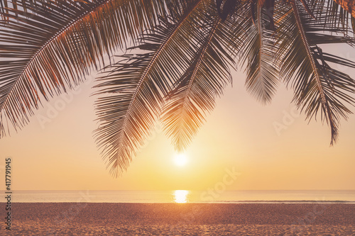 Fototapeta Naklejka Na Ścianę i Meble -  Palm tree at tropical beach on sunset sky abstract background. Summer vacation and nature travel adventure concept.