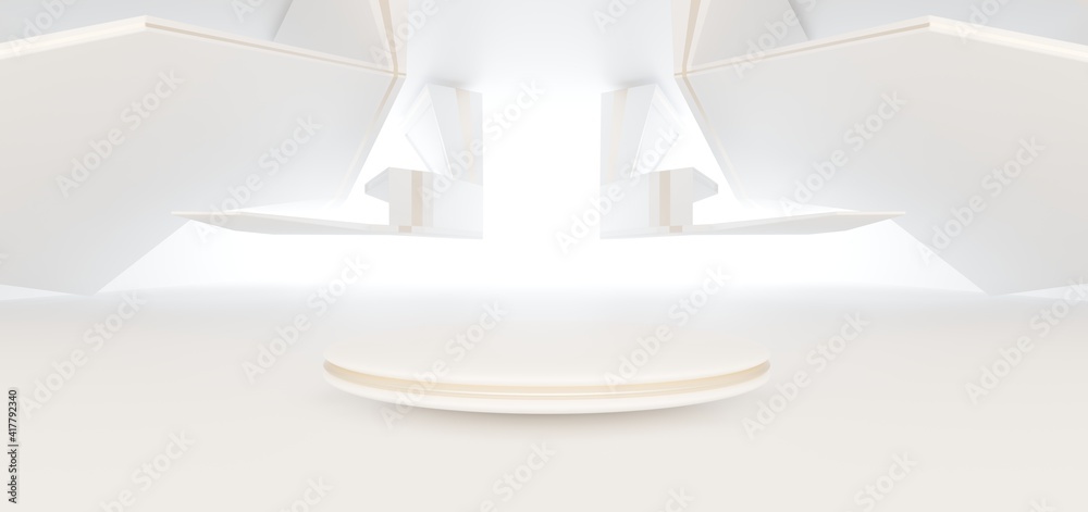 Luxury white abstract architectural minimalistic background. Contemporary showroom. Modern exhibition stand. Empty gallery. Backlight. Polygonal Graphic Design. 3D illustration and rendering.