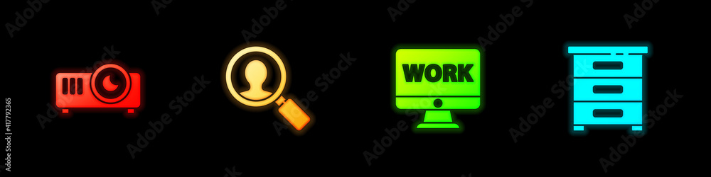 Set Movie, film, media projector, Magnifying glass for search people, Monitor with text work and Drawer documents icon. Vector. Set Movie, film, media projector, Magnifying glass for search people, Monitor with text work and Drawer documents icon. Vector.