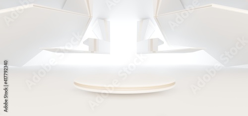 Obraz na płótnie Luxury white abstract architectural minimalistic background. Contemporary showroom. Modern exhibition stand. Empty gallery. Backlight. Polygonal Graphic Design. 3D illustration and rendering. w salonie