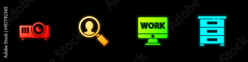 Set Movie, film, media projector, Magnifying glass for search people, Monitor with text work and Drawer documents icon. Vector.