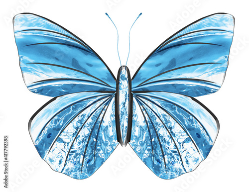 Created from water splash. Art blue butterfly isolated on white background