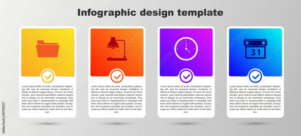 Set Document folder, Table lamp, Clock and Calendar. Business infographic template. Vector. Set Document folder, Table lamp, Clock and Calendar. Business infographic template. Vector.