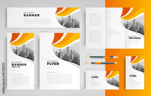 Curves waves theme Set flyer cover, tri-fold, banner, roll up banner, business card yellow color