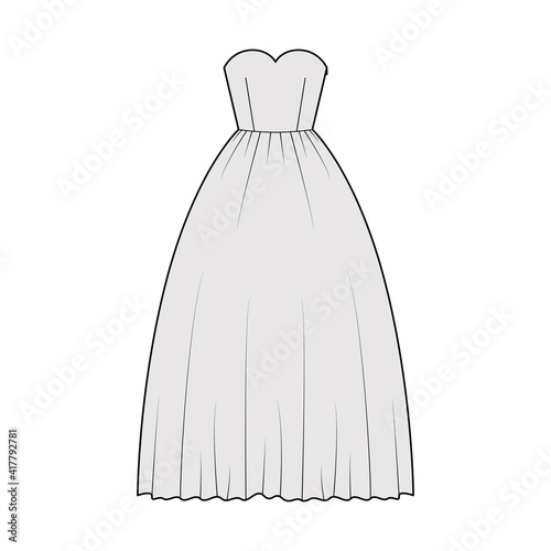 Crinoline dress technical fashion illustration with strapless sweetheart neckline, long floor length, full skirt. Flat apparel template front, grey color style. Women, men unisex CAD mockup