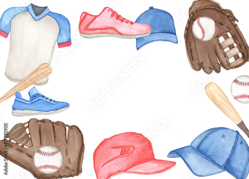 Photography Watercolor baseball set, painted on white background, hand drawn