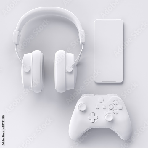 Bilde på lerret Top view of gamer workspace and gear like joystick, headset, mobile phone