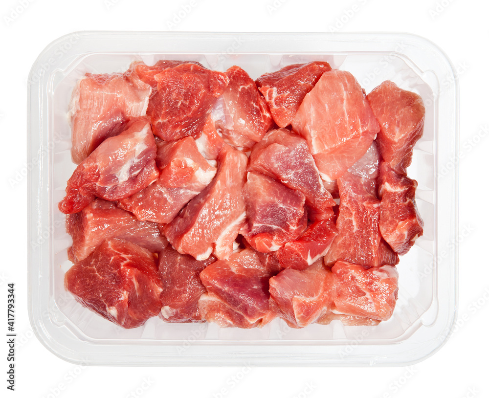 the pieces of raw meat in box isolated on white background the pieces of raw meat in box isolated on white background