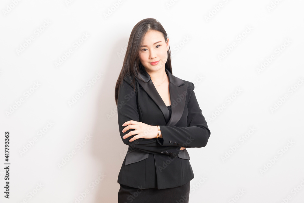 Portrait of Asian woman long hair and wearing suit thinking about success, isolated on white background. Portrait of Asian woman long hair and wearing suit thinking about success, isolated on white background.