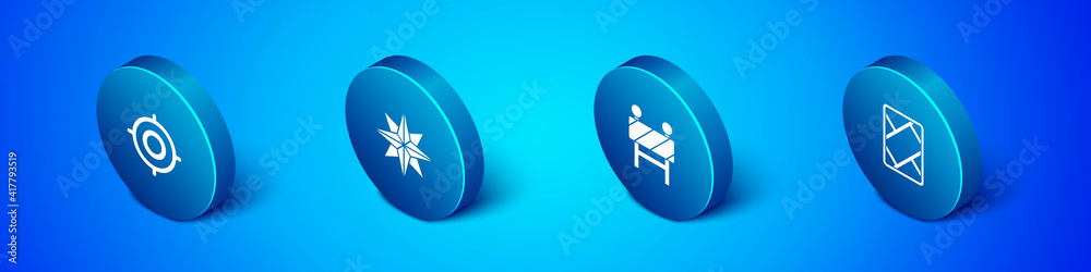Set Isometric Target sport, Road barrier, Gps device with map and Wind rose icon. Vector. Set Isometric Target sport, Road barrier, Gps device with map and Wind rose icon. Vector.