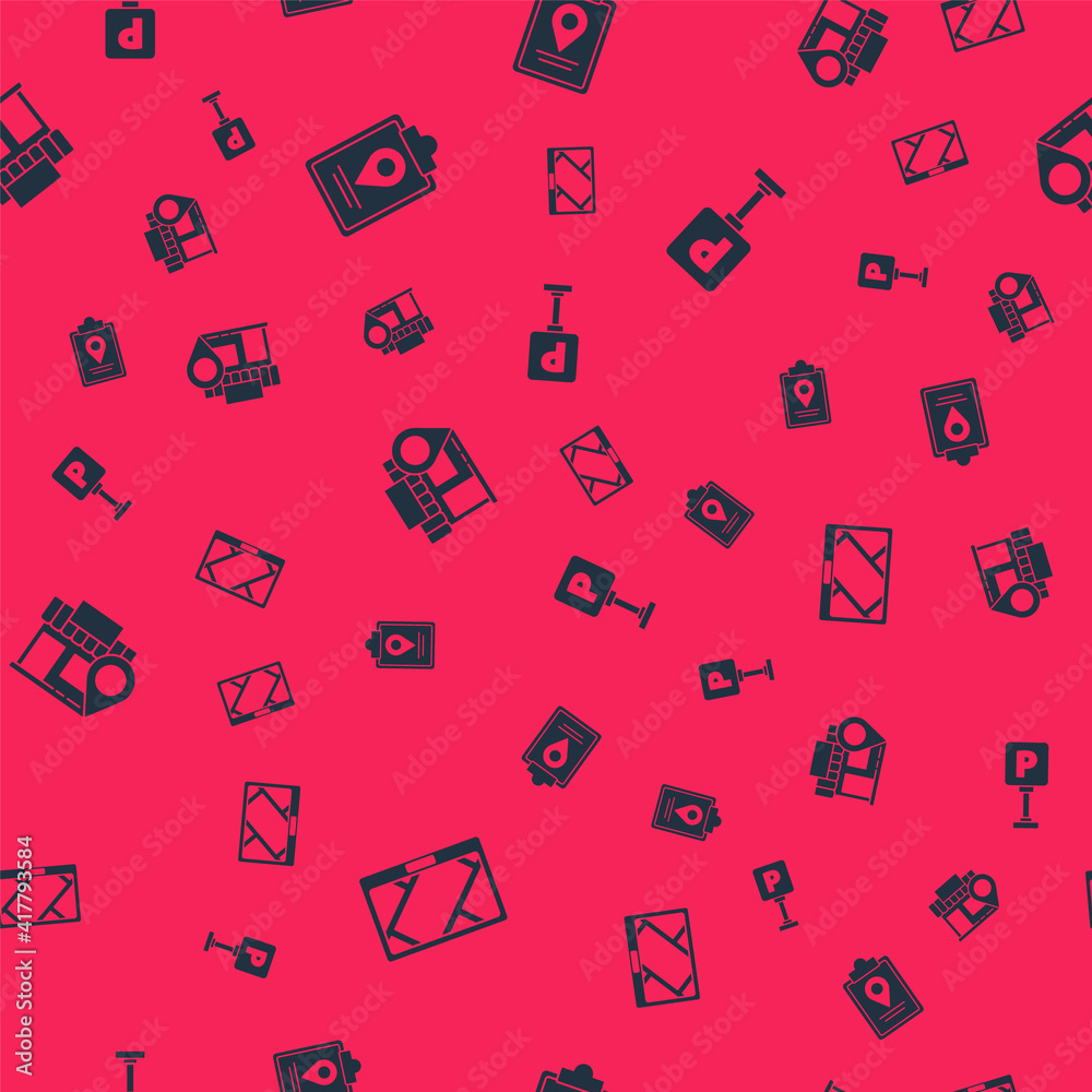 Set Gps device with map, Folded location marker, Location store and Parking on seamless pattern. Vector. Set Gps device with map, Folded location marker, Location store and Parking on seamless pattern. Vector.