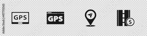 Set Gps device with map, , Location and Toll road traffic sign icon. Vector.