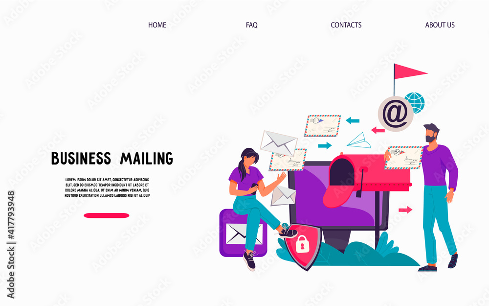Email business service  website interface design with people next to mailbox receiving correspondence. Web mail or mobile post service electronic inbox, flat vector illustration.