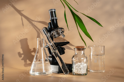 Homeopathy is an alternative medicine. Microscope and flasks for studying homeopathy. Green bamboo leaf. Laboratory for creating homeo balls. photo