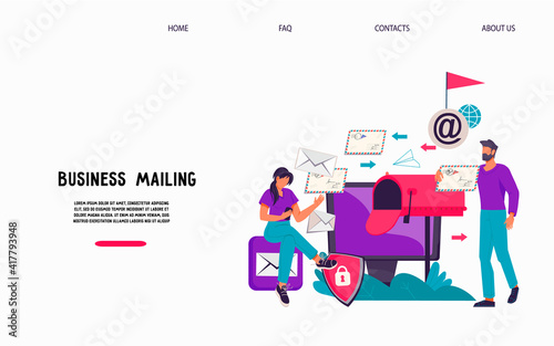 Email business service  website interface design with people next to mailbox receiving correspondence. Web mail or mobile post service electronic inbox, flat vector illustration.