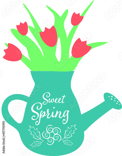 flower, cup, isolated, white, vase, green, pink, spring, coffee, bouquet, plant, flowers, can, tea, illustration, watering, pot, tulip, nature, decoration, garden, colorful, red, mug, leaf