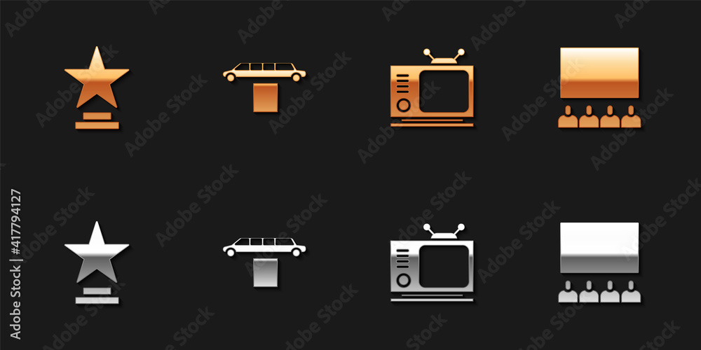 Set Movie trophy, Limousine car and carpet, Retro tv and Cinema auditorium with screen icon. Vector. Set Movie trophy, Limousine car and carpet, Retro tv and Cinema auditorium with screen icon. Vector.