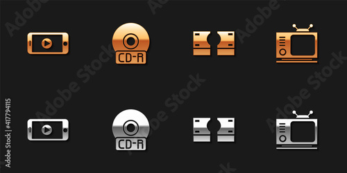 Set Online play video, CD or DVD disk, Stacks paper money cash and Retro tv icon. Vector.